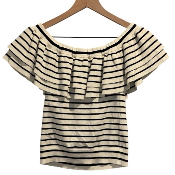 J Crew Off The Shoulder Ruffle Striped Knit Sweater, Sleeveless Black/White, XXS - Picture 4 of 11